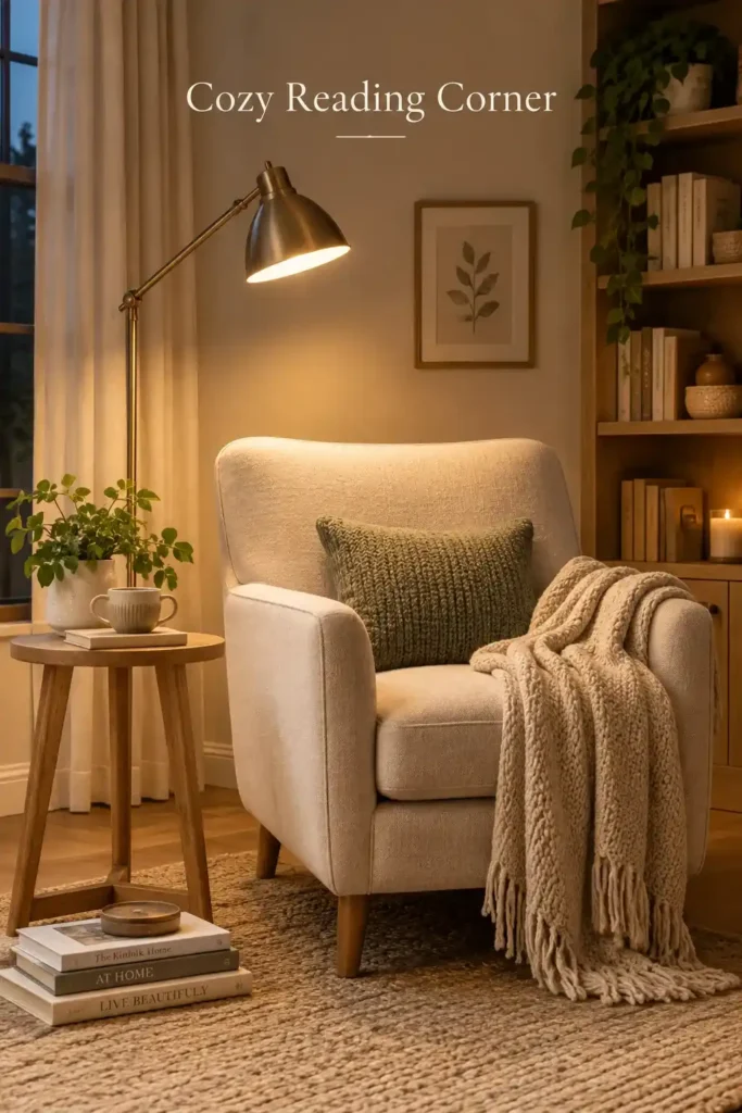 Cozy reading corner with an armchair, floor lamp, books, and warm lighting.