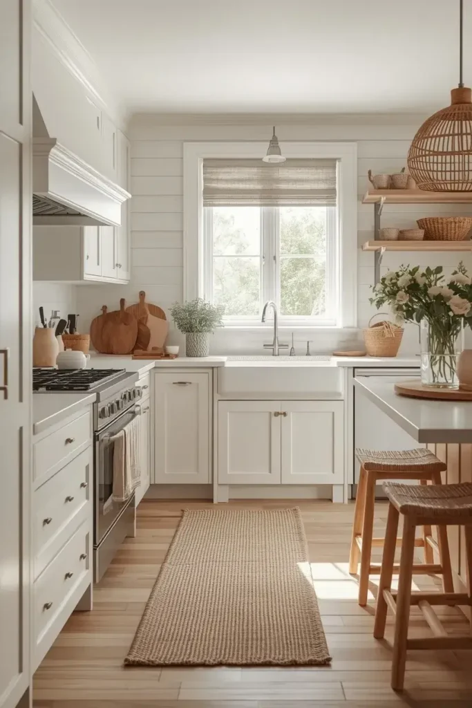 Cozy white kitchen decorated with natural wood and woven textures