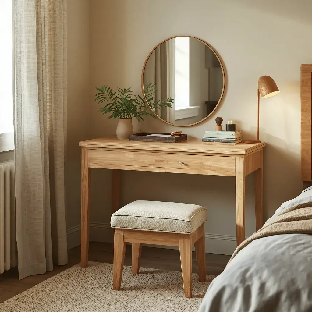 Cozy wooden bedroom vanity with beige stool, greenery, and warm natural decor.