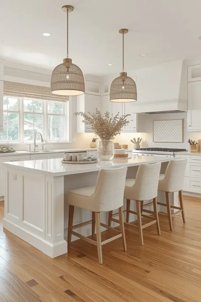 Cream bar stools creating a soft neutral look around a kitchen island.