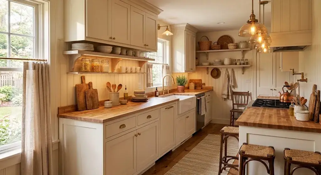 Cream bead board backsplash in a cozy farmhouse kitchen
