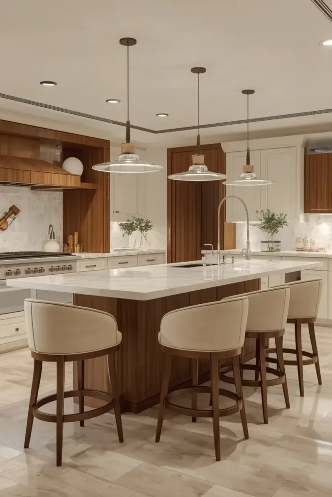 Curved beige bar stools softening the clean lines of a modern kitchen island.
