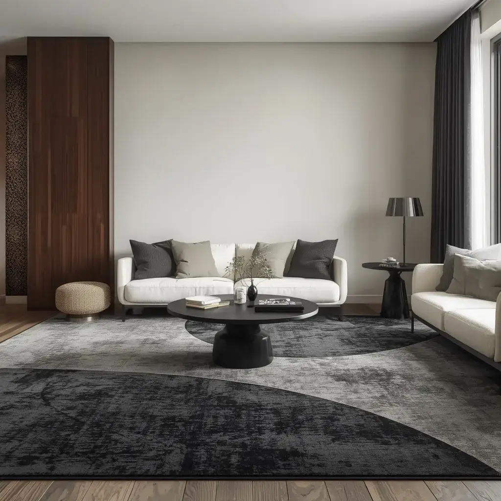 Dark area rug creating contrast with light furniture in a living room