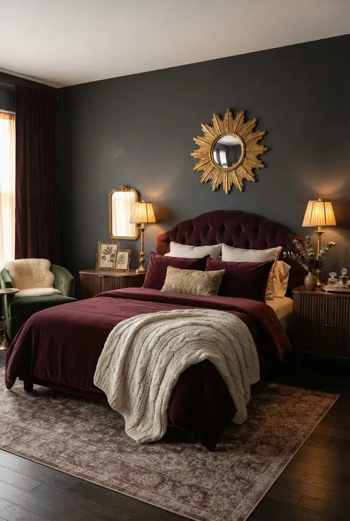 Dark bedroom featuring antique gold mirrors, brass lamps, and burgundy velvet accents.