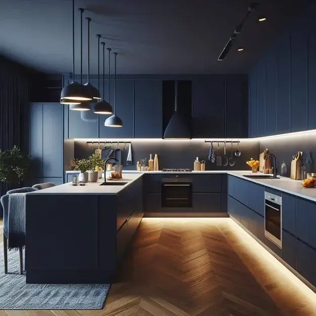  Dark blue kitchen cabinets highlighted by warm under-cabinet lighting and elegant pendant lights.