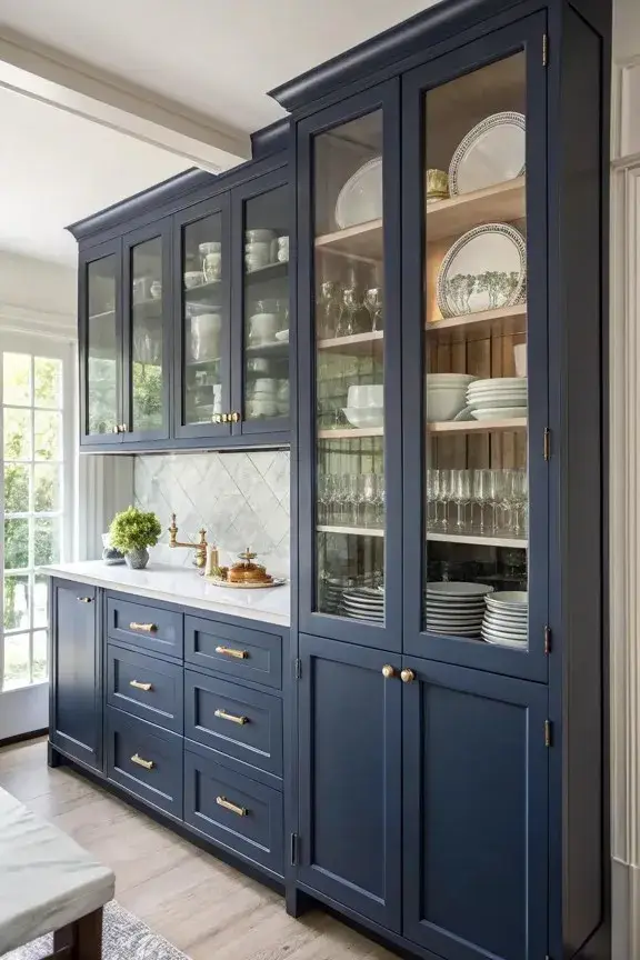 Dark blue kitchen cabinets with glass-front doors displaying white ceramics and glassware.