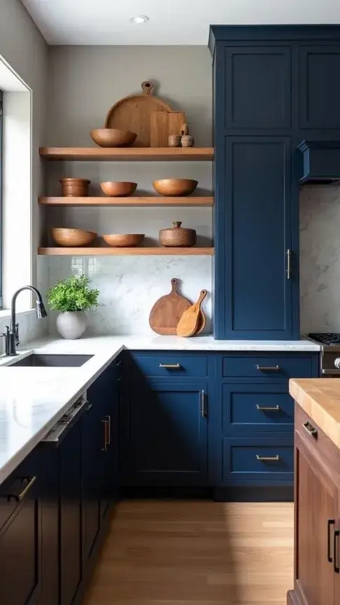 Dark blue kitchen cabinets with natural oak shelving, warm wood accents, and cream countertops.