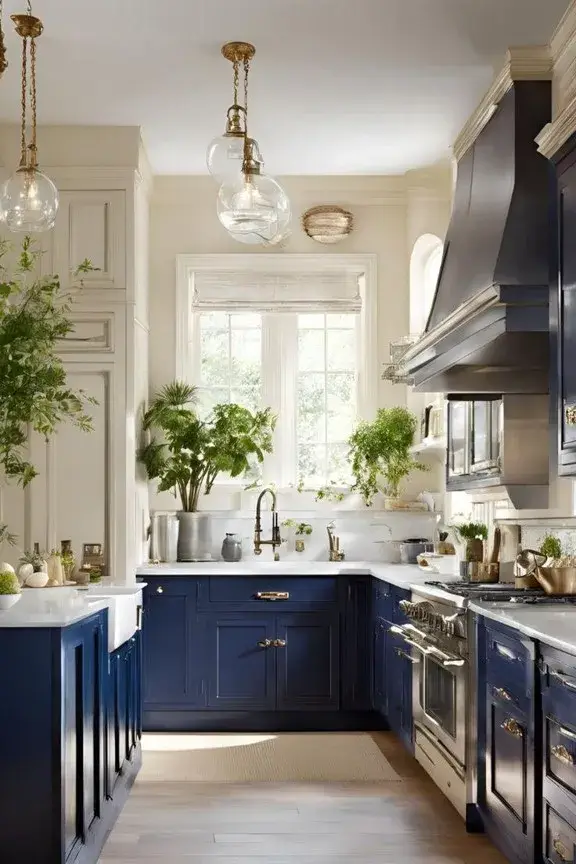 Dark blue kitchen cabinets with warm beige walls, cream countertops, and natural wood flooring.