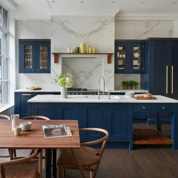 Dark blue kitchen cabinets with white marble countertops and a matching marble backsplash.