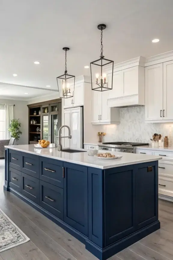 Dark blue kitchen island with a white countertop, cream cabinets, bar stools, and pendant lights.