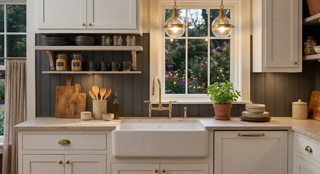 Dark charcoal bead board backsplash with white kitchen cabinets