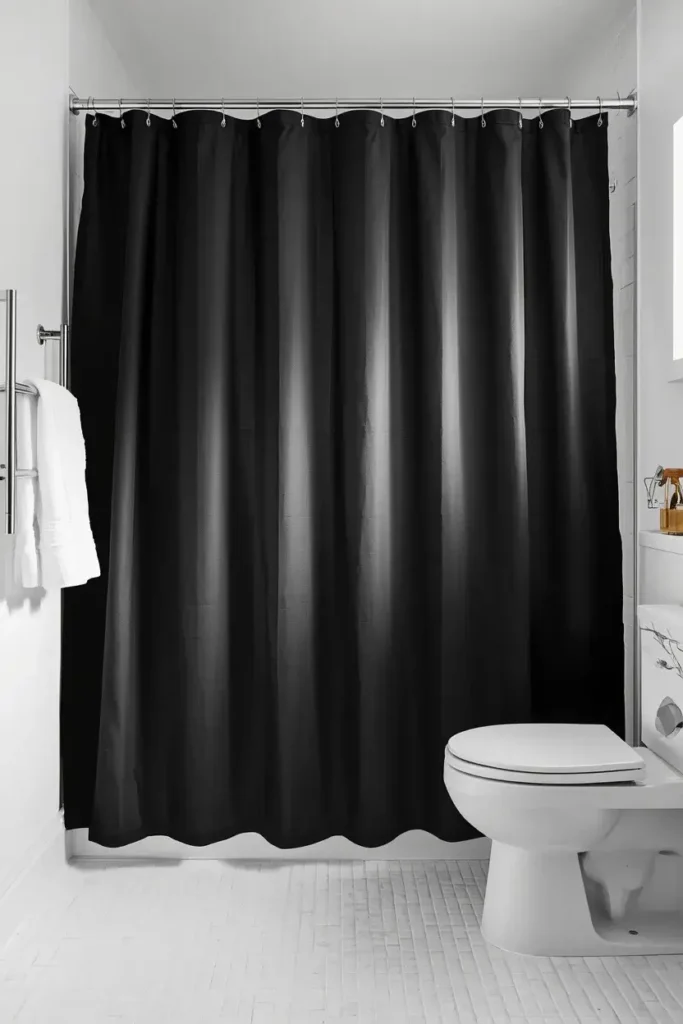 Dark charcoal curtain bringing bold contrast to a white bathroom