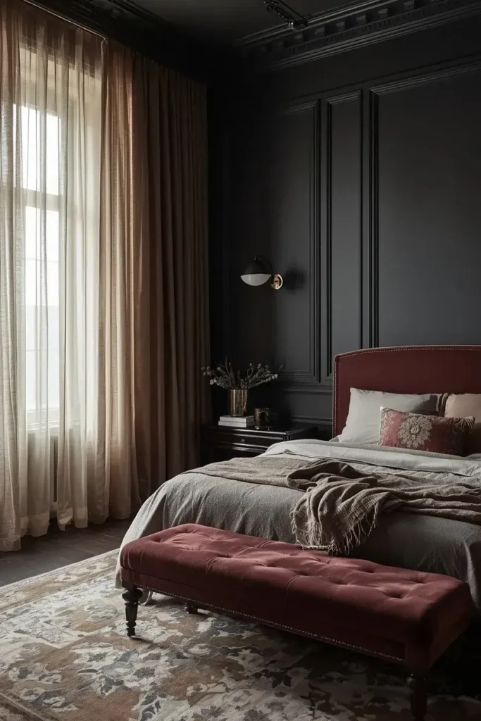 Dark feminine bedroom softened by sheer champagne curtains and natural daylight.