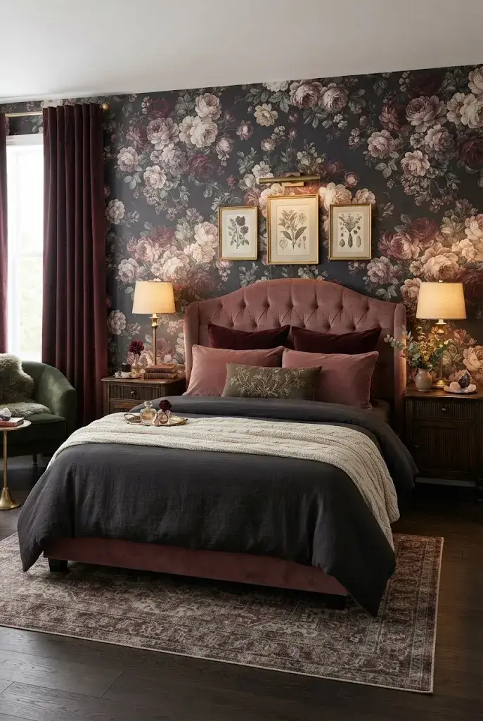 Dark feminine bedroom with dramatic floral wallpaper and romantic burgundy accents