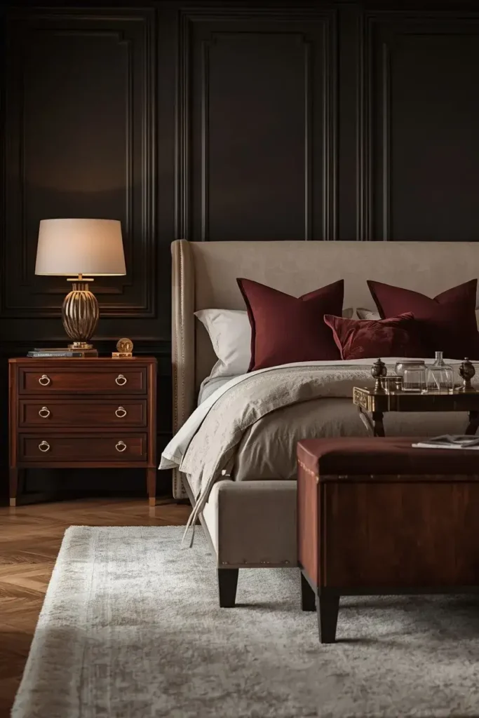  Dark feminine bedroom with warm walnut furniture, cream bedding, and brass details.