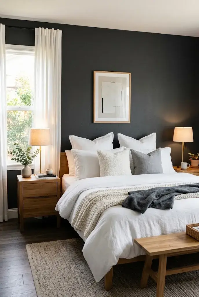 Dark gray bedroom featuring crisp white bedding, textured cream throws, warm wood furniture, and soft lighting.