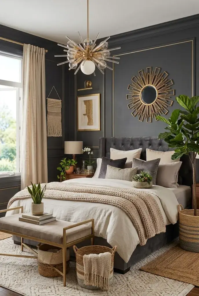 Dark gray bedroom with lush green plants, cream bedding, natural wood furniture, and bright natural light.