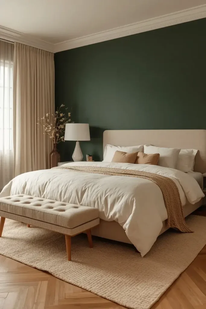 Dark green bedroom balanced with beige bedding, linen curtains, natural wood, and woven textures
