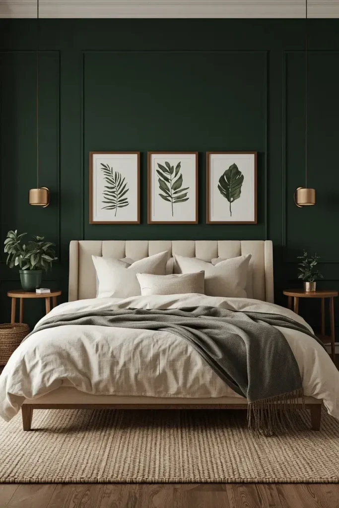 Dark green bedroom featuring botanical leaf artwork, cream bedding, wood frames, and natural decor.