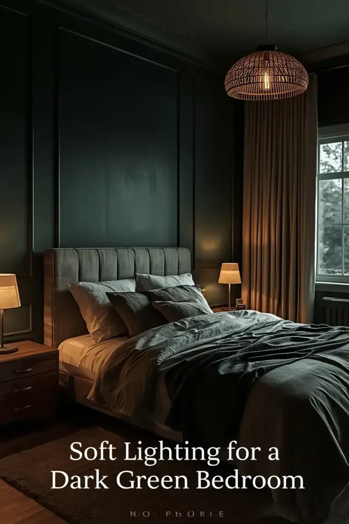 Dark green bedroom glowing with warm bedside lamps and soft natural window light.