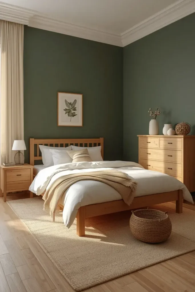 Dark green bedroom styled with warm natural wood furniture, cream bedding, and earthy textures.