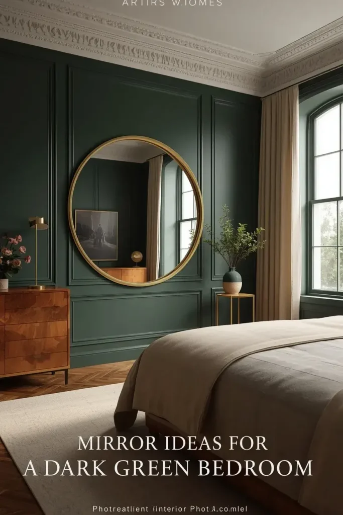 Dark green bedroom with a large gold-framed mirror reflecting natural window light.