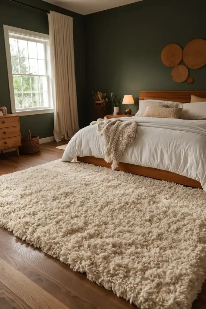 Dark green bedroom with a large neutral textured rug beneath a cream-covered bed.