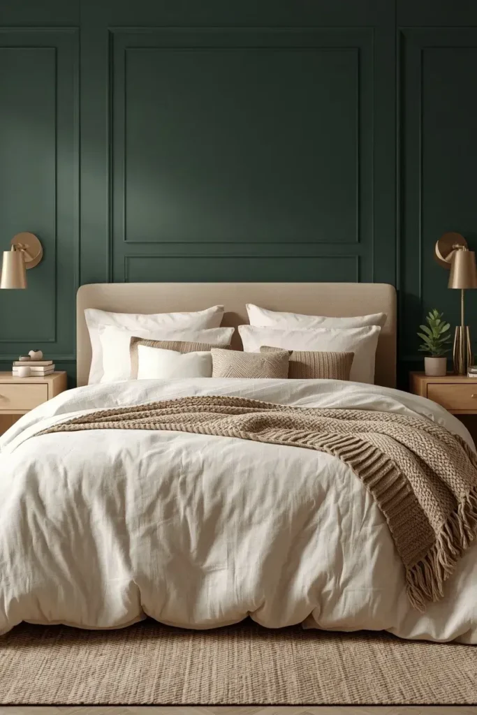 Dark green bedroom with layered cream bedding, beige pillows, linen textures, and warm lighting.