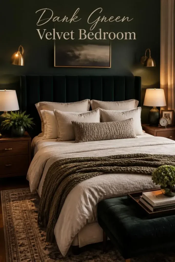 Dark green velvet headboard paired with cream linen bedding, beige pillows, and warm bedroom lighting.