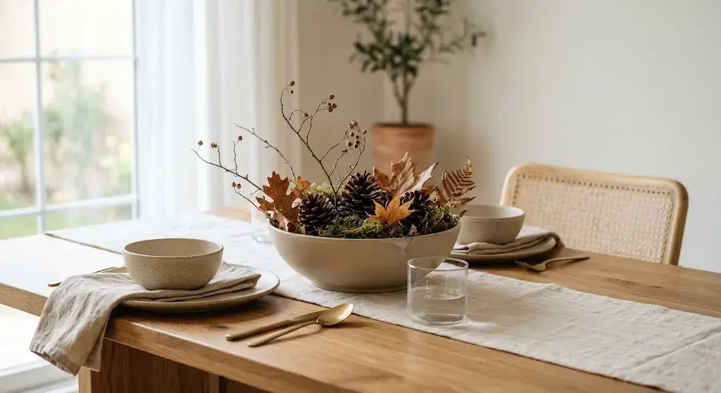 Decorative ceramic bowl filled with natural elements as an earthy table centerpiece.