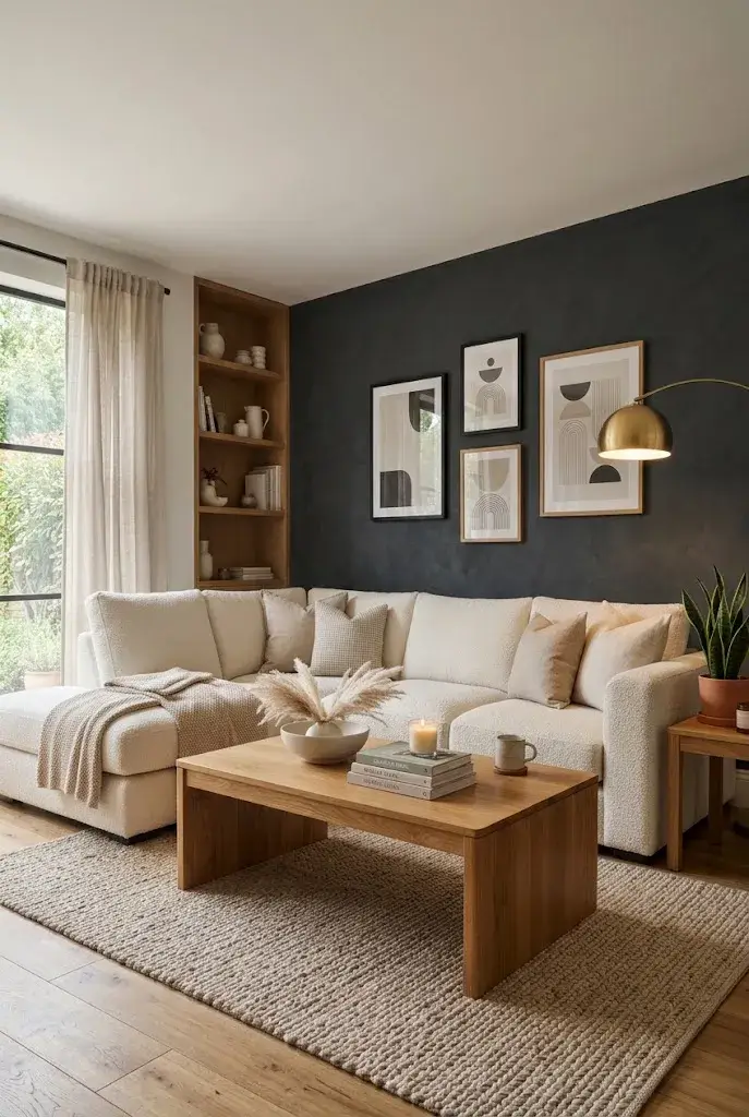 Deep charcoal accent wall with cream sofa and warm wood decor in a modern living room