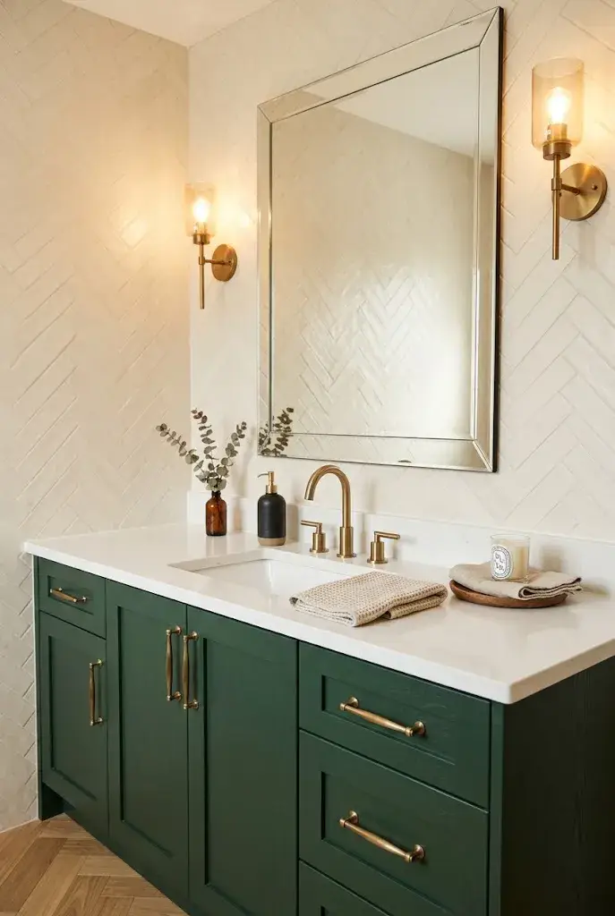 Deep green bathroom vanity with white countertop, brass hardware, mirror, and warm lighting.