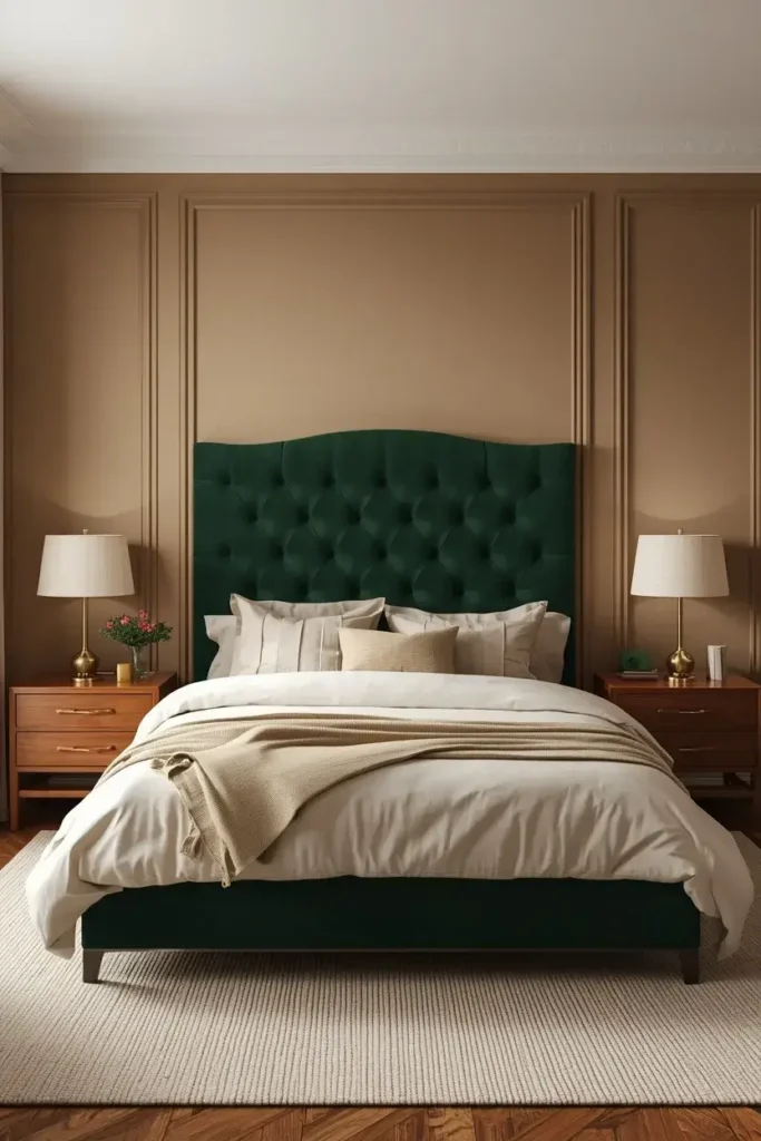Deep green upholstered headboard paired with cream bedding, oak nightstands, and brass lighting.