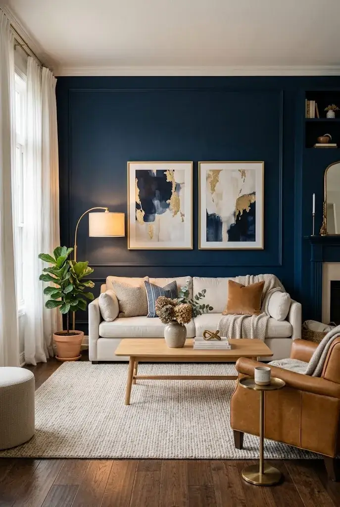Deep navy accent wall with cream sofa and caramel chair in an elegant living room
