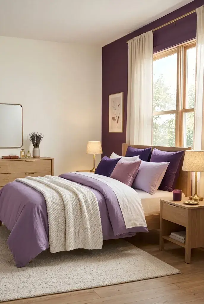 Deep plum accent wall behind a cream bed in a sophisticated bedroom.