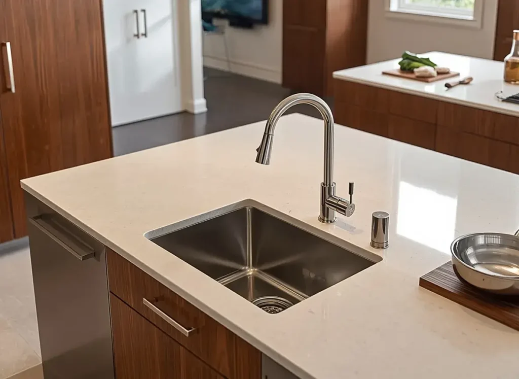 Deep single-basin sink designed for washing large pots in a kitchen island