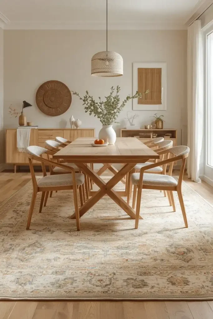 Dining room with a textured area rug beneath a wooden table and comfortable upholstered chairs.