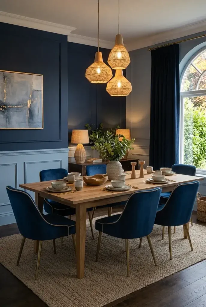 Dining room with blue upholstered chairs and wooden table