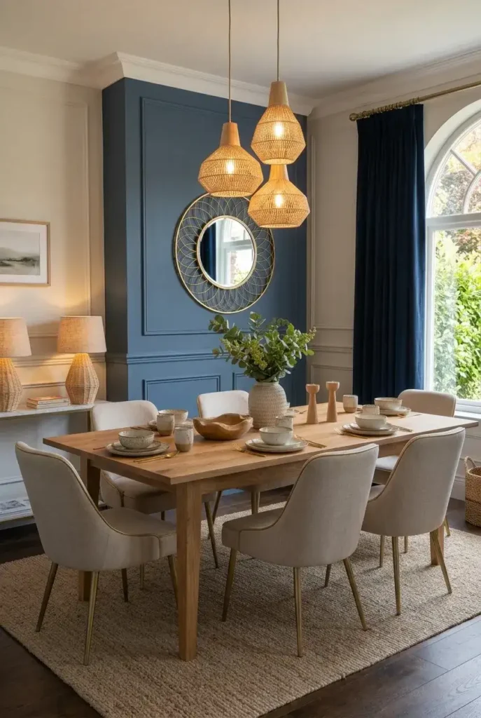 Dining room with slate blue accent wall and wooden table