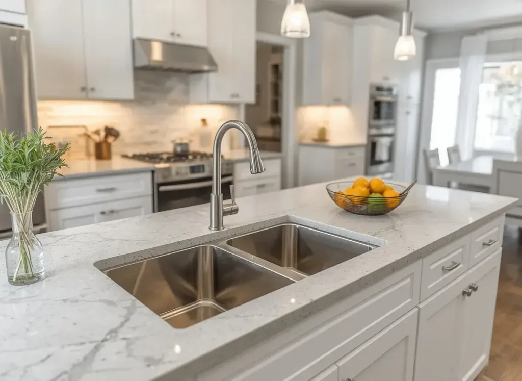 Double bowl stainless steel sink in a bright family kitchen island