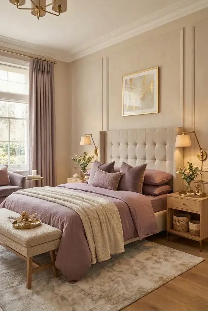 Dusty purple and beige bedroom with soft bedding and natural textured decor.