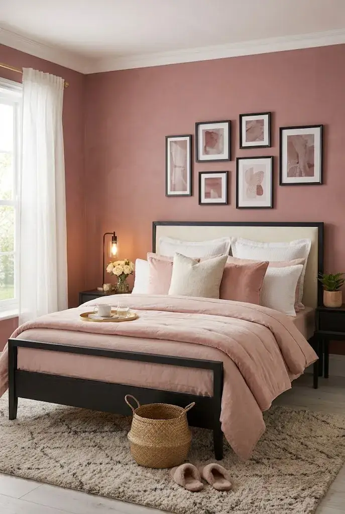 Dusty rose bedroom with black furniture, cream bedding, and warm natural textures.