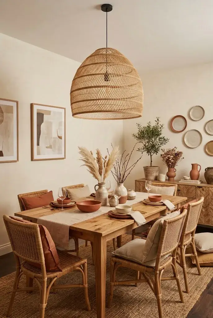 Earthy boho dining room decorated with beige, terracotta, olive green, and natural wood tones.