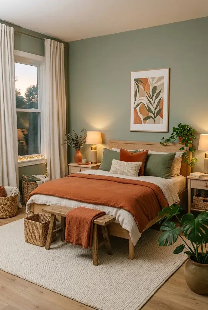 Earthy green and orange bedroom with natural wood furniture, terracotta textiles, plants, and warm lighting.