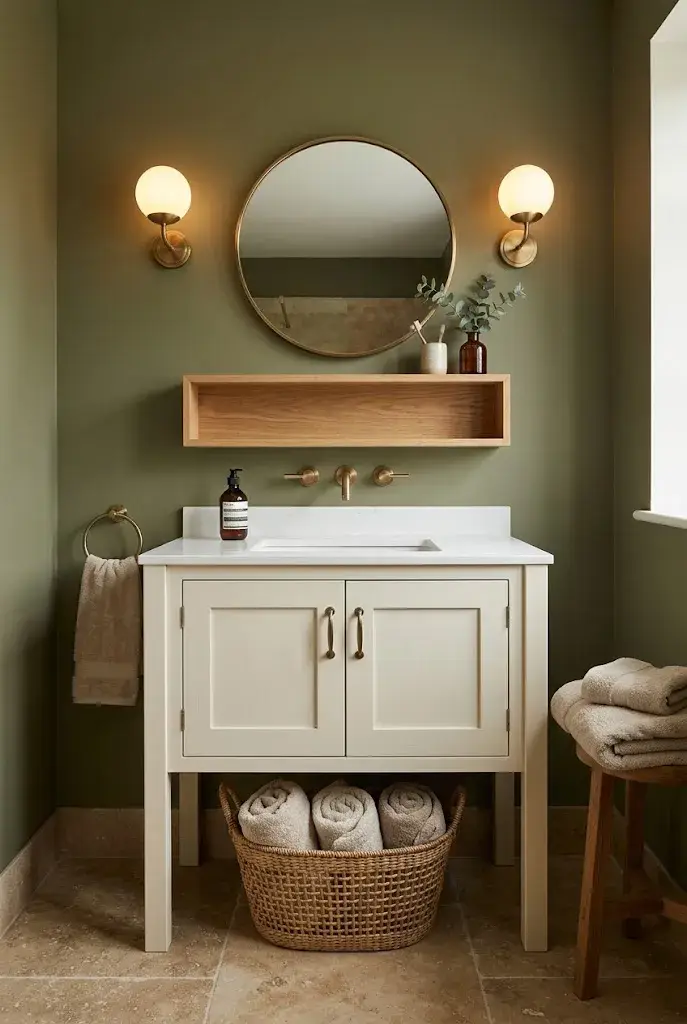 Earthy olive green bathroom with cream vanity, natural wood, beige textiles, and brass fixtures.