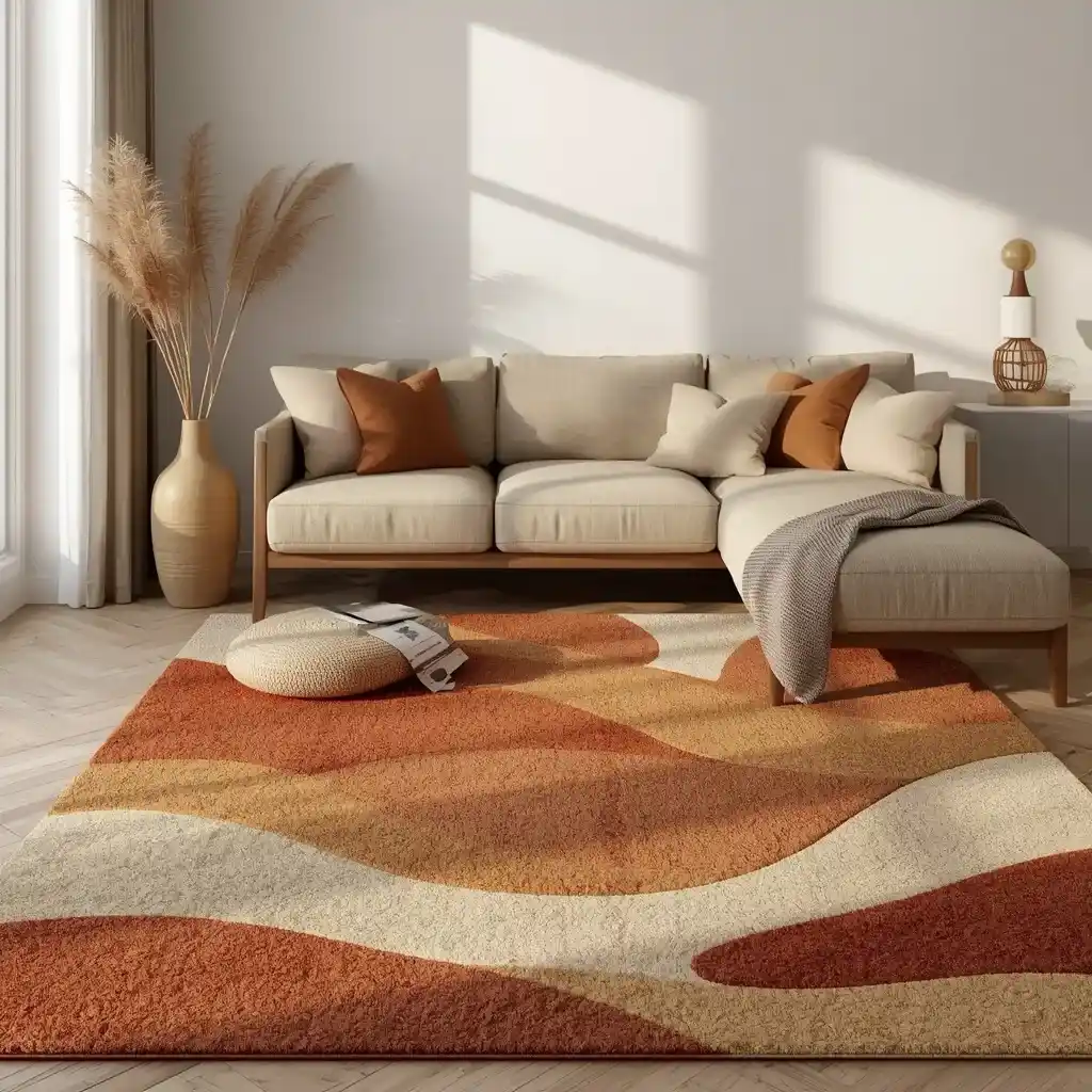 Earthy-toned area rug bringing warmth to a living room