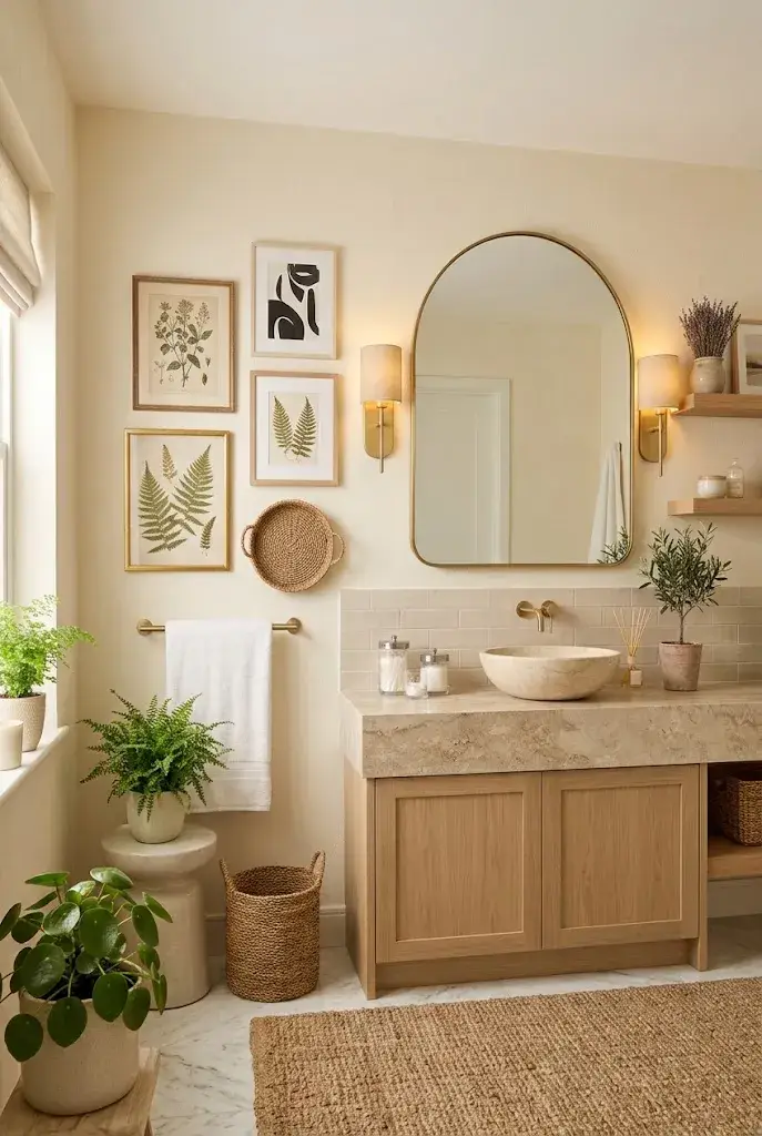 Elegant bathroom featuring a large round brass-framed statement mirror.