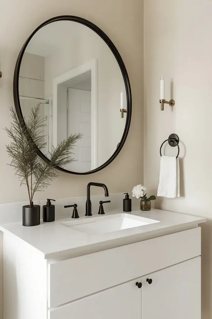 Elegant bathroom with a large black framed round mirror above a white vanity.