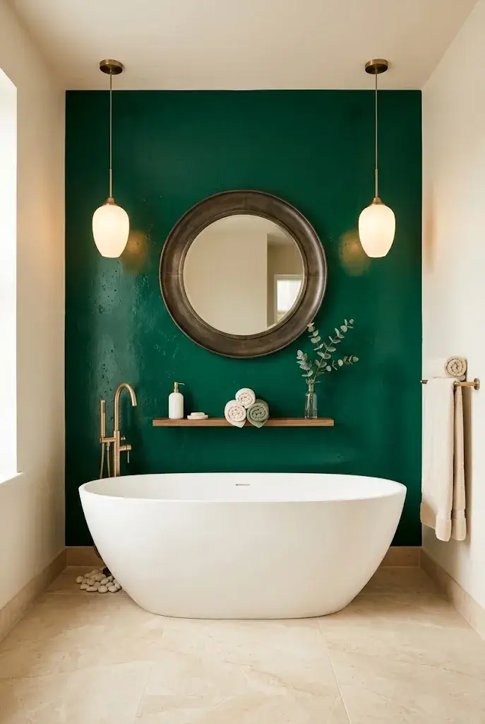 Elegant bathroom with an emerald green feature wall, freestanding tub, brass fixtures, and warm neutral finishes.