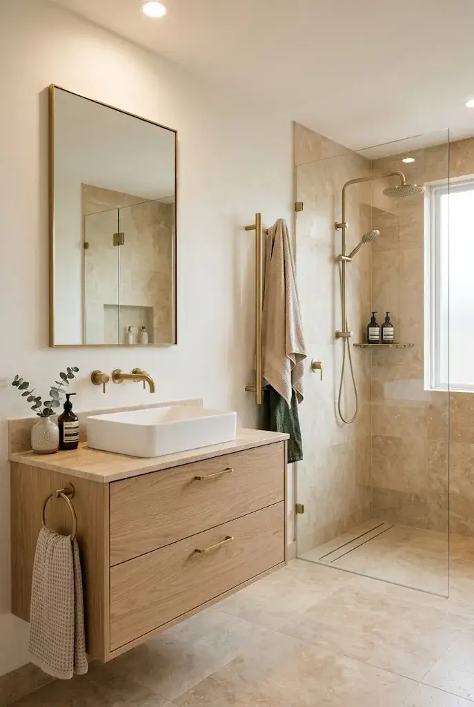 Elegant bathroom with brushed brass faucet, mirror frame, cabinet hardware, and warm neutral finishes.